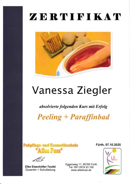Zertifikat für Vanessa Ziegler über das Thema Peeling und Parfümhaftigkeit.