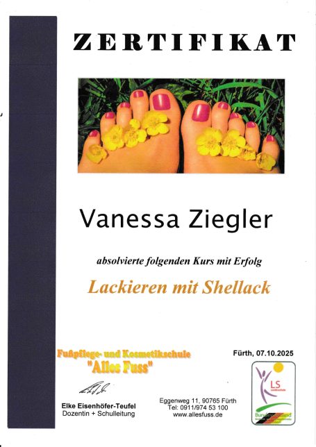 Zertifikat für Vanessa Ziegler über Lackieren mit Shellack.