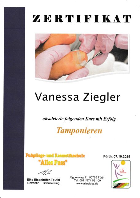 Zertifikat für Vanessa Ziegler über das Thema Tamponieren.