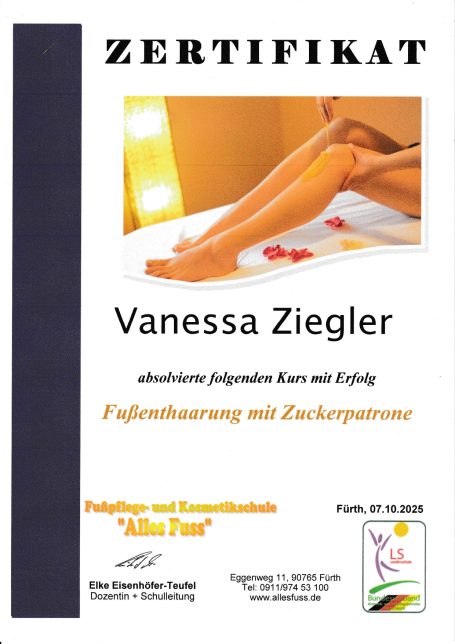 Zertifikat für Vanessa Ziegler über Pflegebehandlung mit Zuckerpeeling.