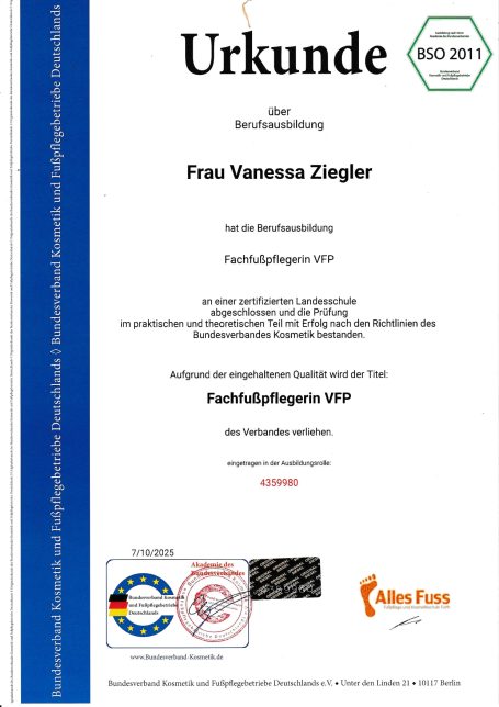 Urkunde für Frau Vanessa Ziegler, bescheinigt Teilnahmen an einer Fortbildung.