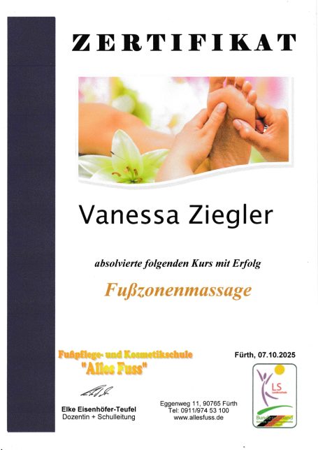 Zertifikat für Vanessa Ziegler als geprüfte Fachkraft für Fußreflexzonenmassage.