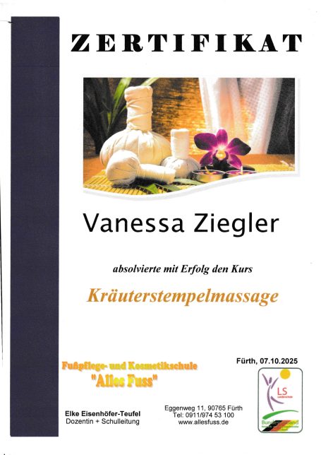 Zertifikat für Vanessa Ziegler zum Abschluss der Kräuterstempelmassage.